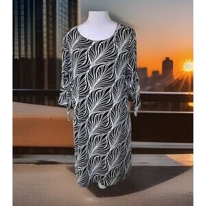 Jonathan Martin Black White Textured 3/4 Sleeve Leaf Feather Career Dress Sz M